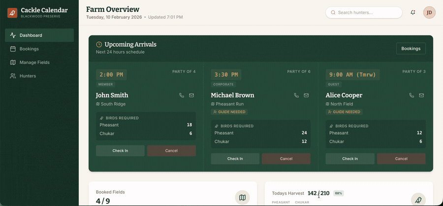 Demonstration of the Cackle Calendar dashboard — view all bookings per day with hunter details at a glance