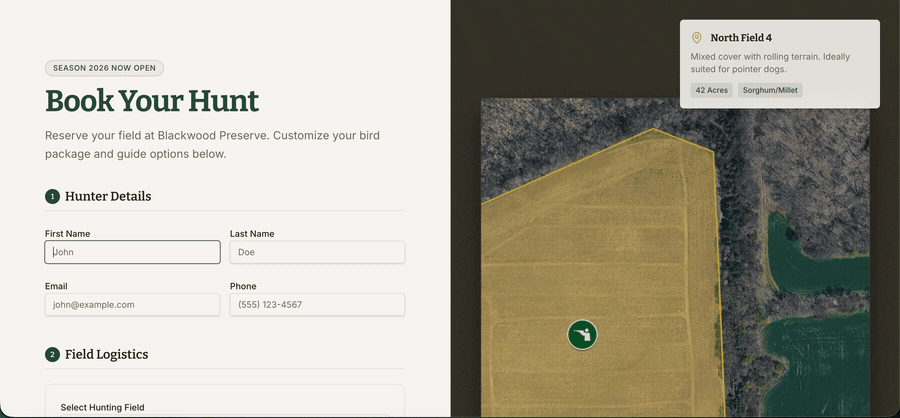 Demonstration of booking a hunt on Cackle Calendar — select a date, pick a field, confirm in seconds